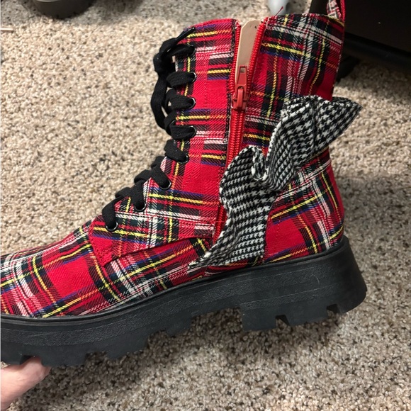 Betsey Johnson Red Plaid Lace-Up Boots with Black Soles - Picture 3 of 5